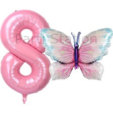 Pembe Kelebek ve Pembe Rakam Balon 8 Yaş Balon Set Kelebek Konsept Doğum Günü Folyo Balon Set