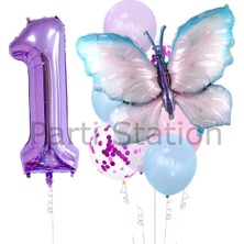 Mavi Pembe  Kelebek 1 Yaş Mor Rakam Balon Set Kelebek Konsept Doğum Günü Balon Set