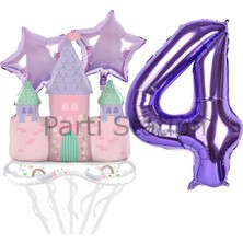 Prenses Konsept 4 Yaş Mor Renk Rakam Balon Set Prenses Evi Şato Balon Konsept Doğum Günü Balon Set