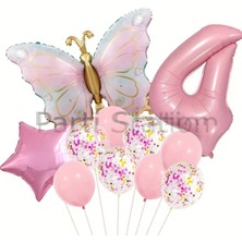 Macaron Kelebek 4 Yaş Balon Set Gökkuşağı Macaron Kelebek Konsept Doğum Günü Balon Set