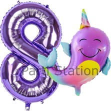 Unicorn Balina Balon 8 Yaş Set Okyanus Konsept Unicorn Yunus Balığı ve Mor Rakam Balon Set