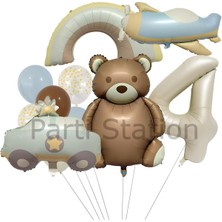 Retro Ayıcık Polis Arabası Gökkuşağı Uçak Konsept 4 Yaş Balon Set Retro Konsept Doğum Günü Balon Set