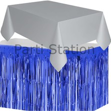 Parti Station Masa Örtüsü ve Masa Eteği Set Plastik Gümüş Renk Masa Örtüsü Lacivert Renk Metalize Masa Eteği Set