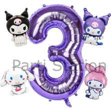 Kuromi 3 Yaş Mini Mor Balon Set Kuromi Mymelody Cinnamonroll Konsept Doğum Günü Balon Set