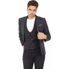 Sposo 5140 Yelekli Dar Kalıp Gri Ekose Erkek Blazer Ceket