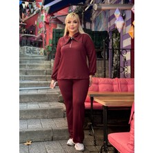 Kadın Büyük Beden Devrik Fermuar Yaka Ütü Çizgili Pantolonuyla Esnek Kristal Iki Iplik Takım