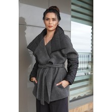 Kadın Siyah Gri Triko Kemerli Mont