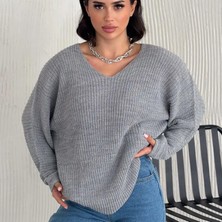 V Yaka Selanik Örgü Oversize Triko Kazak