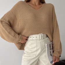 V Yaka Selanik Örgü Oversize Triko Kazak