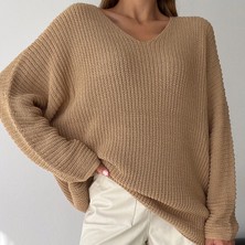 V Yaka Selanik Örgü Oversize Triko Kazak
