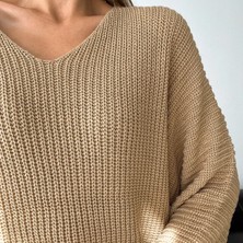 V Yaka Selanik Örgü Oversize Triko Kazak