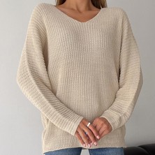V Yaka Selanik Örgü Oversize Triko Kazak