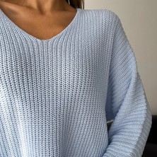 V Yaka Selanik Örgü Oversize Triko Kazak