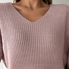 V Yaka Selanik Örgü Oversize Triko Kazak