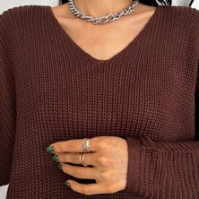 V Yaka Selanik Örgü Oversize Triko Kazak