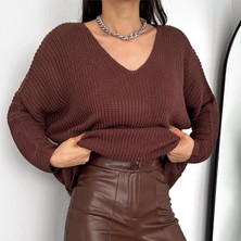 V Yaka Selanik Örgü Oversize Triko Kazak