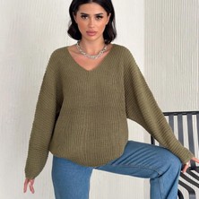 V Yaka Selanik Örgü Oversize Triko Kazak