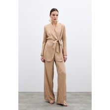 Yüksek Bel Desenli Pantolon - Vizon