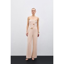 Sateen Aksesuarlı Straplez Tulum - Bej