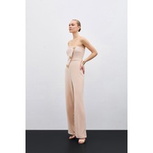 Sateen Aksesuarlı Straplez Tulum - Bej