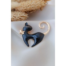 Siyah Kedi Motifli Parlak Gold Şık Broş
