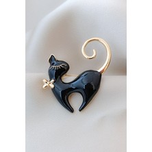 Siyah Kedi Motifli Parlak Gold Şık Broş