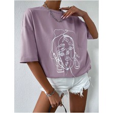 Mercoledi Çizgi Yüz Baskılı Kadın Oversize T-Shirt Salaş Boyfirend