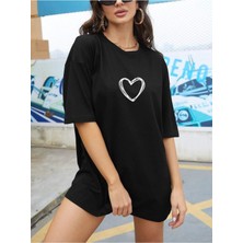 Mercoledi Minik Kalp Siyah Oversize T-Shirt Salaş Boyfirend