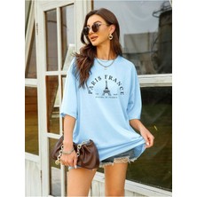 Mercoledi Travel In France Baskılı Bebek Mavisi Oversize T-Shirt Salaş Boyfirend