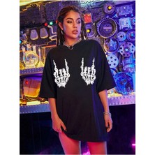 Mercoledi Devil Horns Baskılı Siyah Oversize T-Shirt Salaş Boyfirend