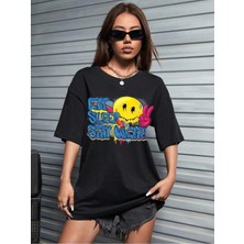 Mercoledi Stay Weird Baskılı Kadın Oversize Siyah Salas T-Shirt Boyfriend
