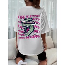 Mercoledi Beyaz Oversize T-Shirt Be Happy Baskılı