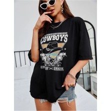 Mercoledi Cowboys Baskılı Kadın Oversize Salas T-Shirt Boyfriend