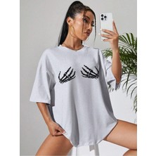 Mercoledi Iskelet Eli Baskılı Oversize T-Shirt Salaş Boyfirend