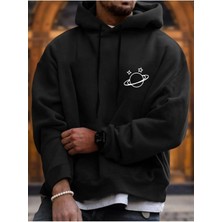 Mercoledi Gezegen Baskılı Siyah Kapüşonlu Kanguru Cep Ünisex Oversize Sweatshirt