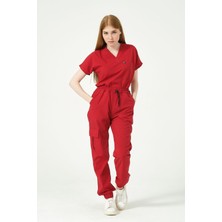 Pratik Medikal Kırmızı Likralı Scrubs Kargo Cep Jogger Paça Doktor Hemşire Forması Yarasa Kol Takım Unisex