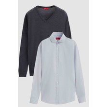 D'S Damat Ds Damat Slim Fit Antrasit Pamuk Karışımlı 2'li V Yaka Triko ve Gömlek 1HC0206VBN01