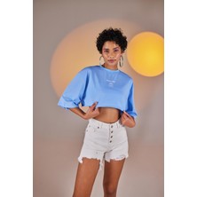 Holly Lolly Bisiklet Yaka Holly Crop Tshirt Mavi