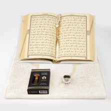 Kuran + Seccade +  Tesbih + Zikirmatik + Koku Hediye Seti (Hafız Boy, Kabe Desen, Beyaz)