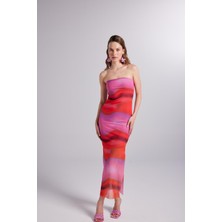 Astarlı Desenli Straplez Tül Hued Elbise Pembe