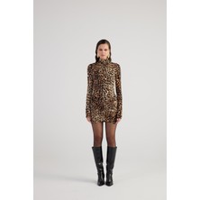 Leopar Desenli Balıkçı Yaka Mini Britney Elbise Kahve