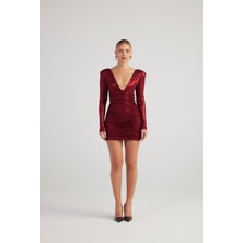 Parlak Kumaşlı Drapeli Mini Karly Elbise Bordo