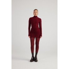 Balıkçı Yaka Büzgülü Mini Tami Elbise Bordo