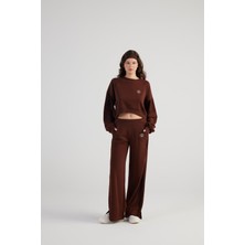 Holly Lolly Kahve Geniş Paça Eşofman Altı Kadın Paçası Yırtmaçlı 3 İplik Kumaşla Şık ve Rahat