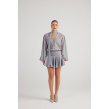 Simli Kumaş Fırfırlı Mini Vanesa Elbise Gri