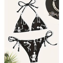 Amor Face Özel Tasarım Dans Eden Iskeletler Baskılı Scuba Luxury Brazilian Kadın Bikini Takımı