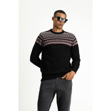 Bisiklet Yaka Slim Fit Dar Kesim Yünlü Desenli Triko Kazak