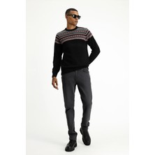 Bisiklet Yaka Slim Fit Dar Kesim Yünlü Desenli Triko Kazak