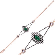 HS Demirci 925 Ayar Gümüş Rose Mat Yeşil Taşlı Otantik Bileklik