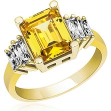 Gumush Gümüş Sarı Baget Taşlı Gold Bayan Yüzük
